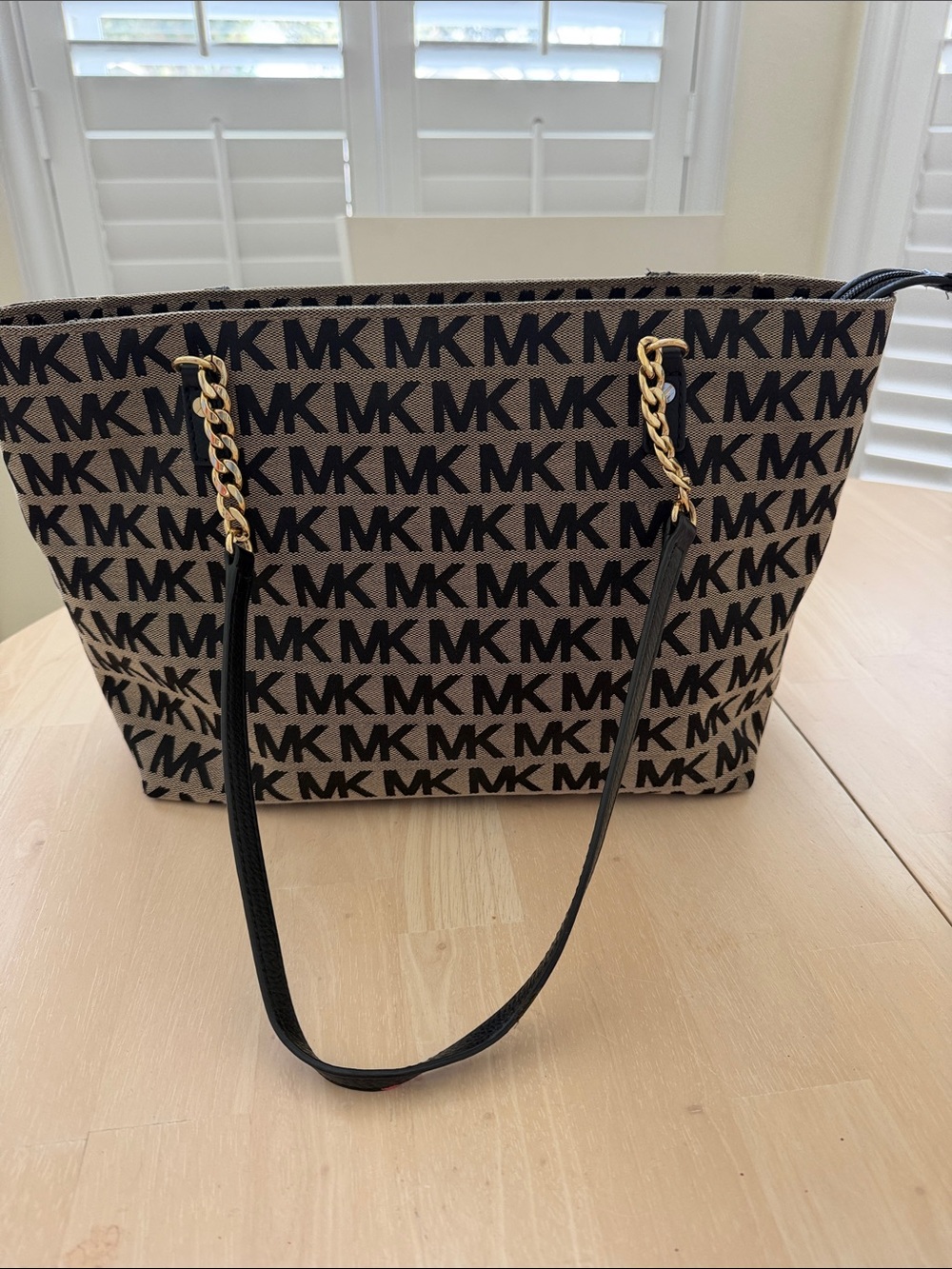 Michael Kors Beige and Black MK Signature Tote with Gold Chain Accents